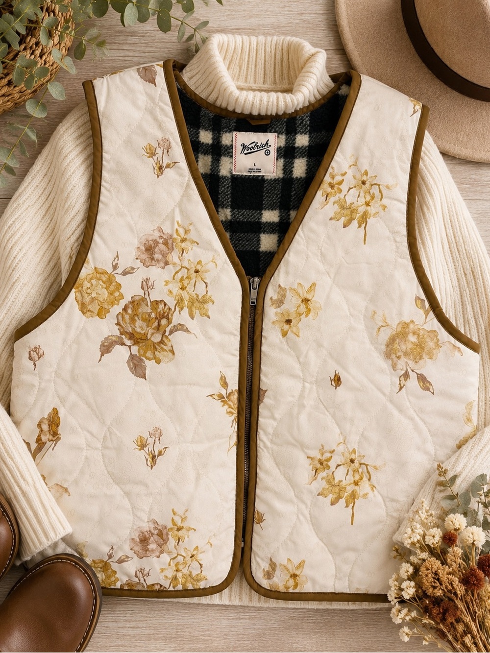 Woolrich Women’s Quilted Floral Fleece Lined Zip Vest Size Large Cottagecore